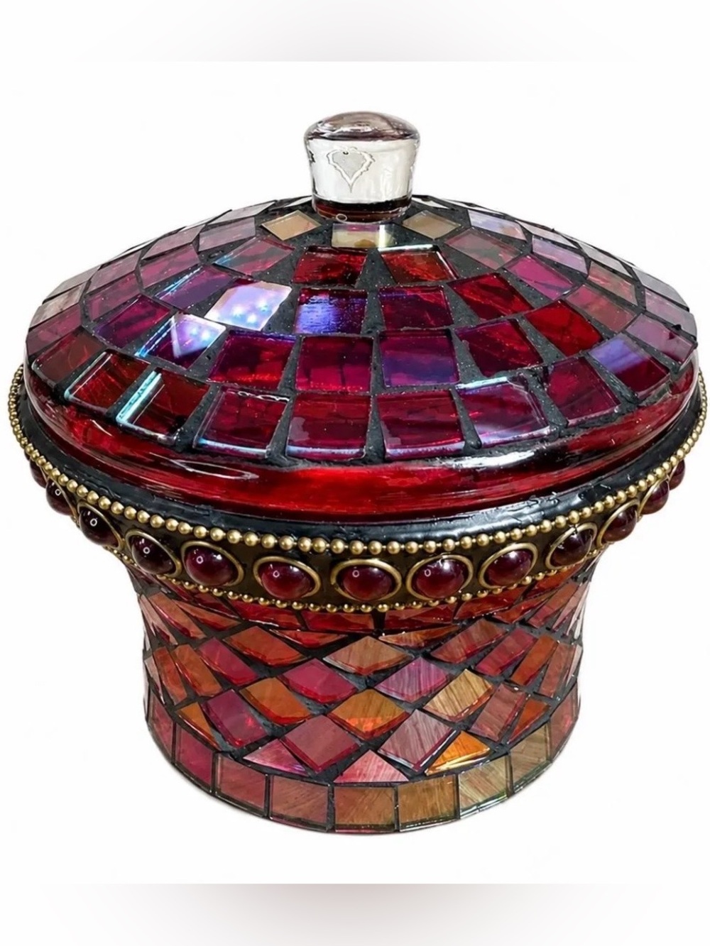 Pier 1 Vintage Mosaic Red Iridescent Glass Lidded Jar